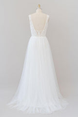 Wedding Dresses Short Bride, Long A-line Open Back V-neck Lace Tulle Wedding Dress