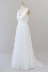 Wedding Dress Short Bride, Long A-line Open Back V-neck Lace Tulle Wedding Dress