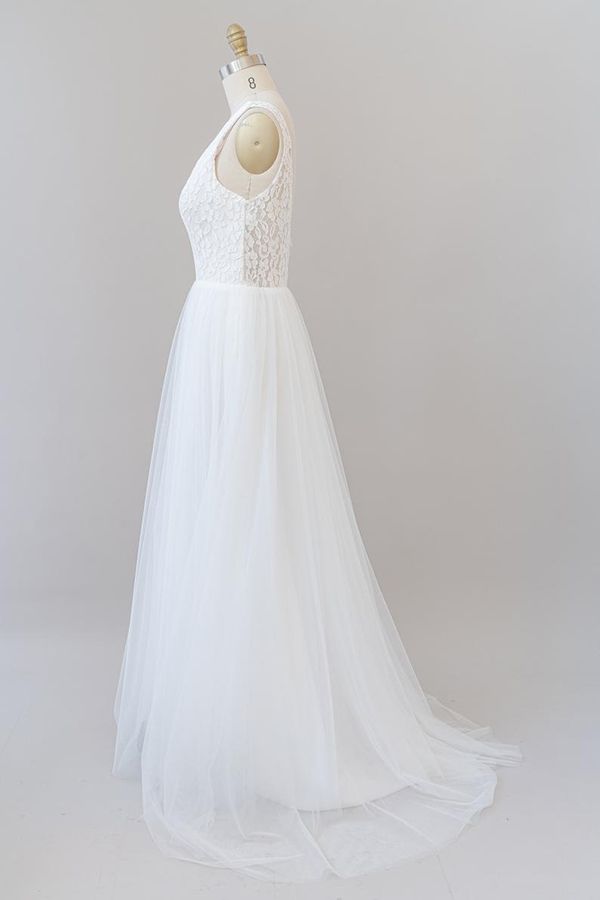 Wedding Dresses Under 10002, Long A-line Open Back V-neck Lace Tulle Wedding Dress