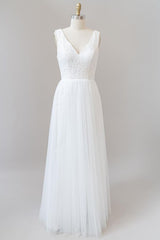 Wedding Dress Under 202, Long A-line Open Back V-neck Lace Tulle Wedding Dress