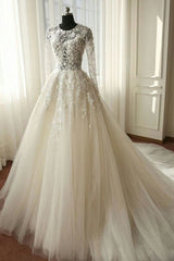 Wedding Dress For Sale, Long A-line Organza Lace Wedding Dresses with Sleeves