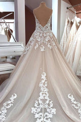 Wedding Dresse Beach, Long A-Line Sequin Tulle Spaghetti Straps Appliques Lace Wedding Dress