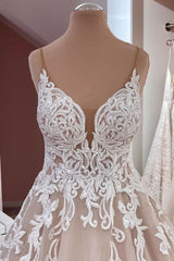 Wedding Dressed Beach, Long A-Line Sequin Tulle Spaghetti Straps Appliques Lace Wedding Dress