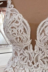 Wedding Dresses Classic, Long A-Line Sequin Tulle Spaghetti Straps Appliques Lace Wedding Dress