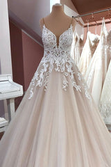 Weddings Dresses Beach, Long A-Line Sequin Tulle Spaghetti Straps Appliques Lace Wedding Dress