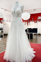 Wedding Dress Tops, Long A-line Sleeveless Tulle Lace Appliques Open Back Wedding Dresses