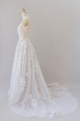Wedding Dress Boutique, Long A-line Spaghetti Strap Lace Appliques Tulle Backless Wedding Dress