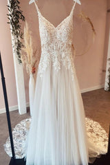 Wedding Dresses Shoes, Long A-Line Spaghetti Straps Sweetheart Appliques Lace Tulle Wedding Dress