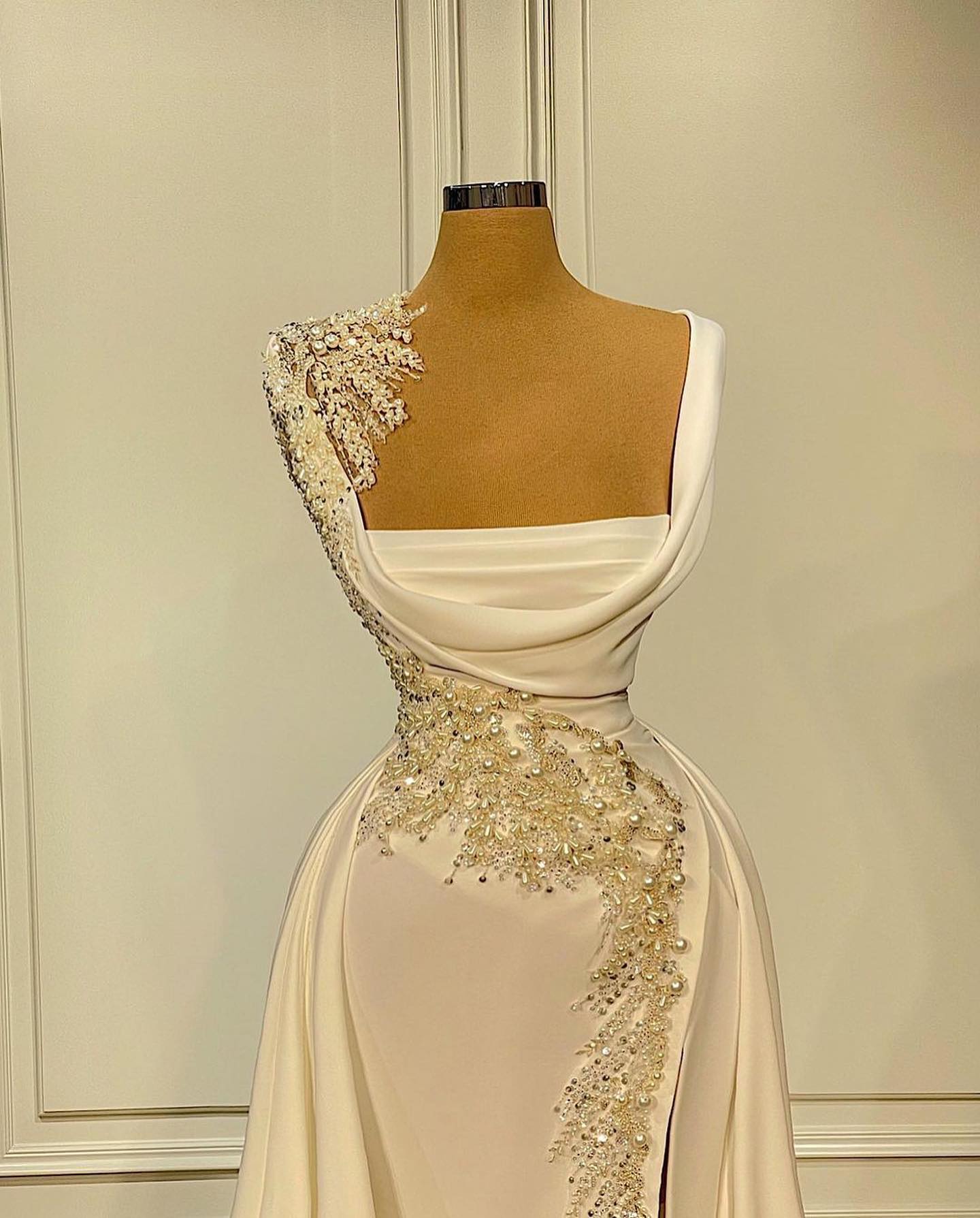 Evening Dress, Long A-Line Square Neckline Satin Ivory Prom Dress With Slit