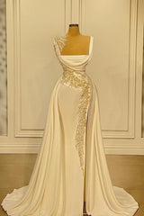 2040 Prom Dress, Long A-Line Square Neckline Satin Ivory Prom Dress With Slit