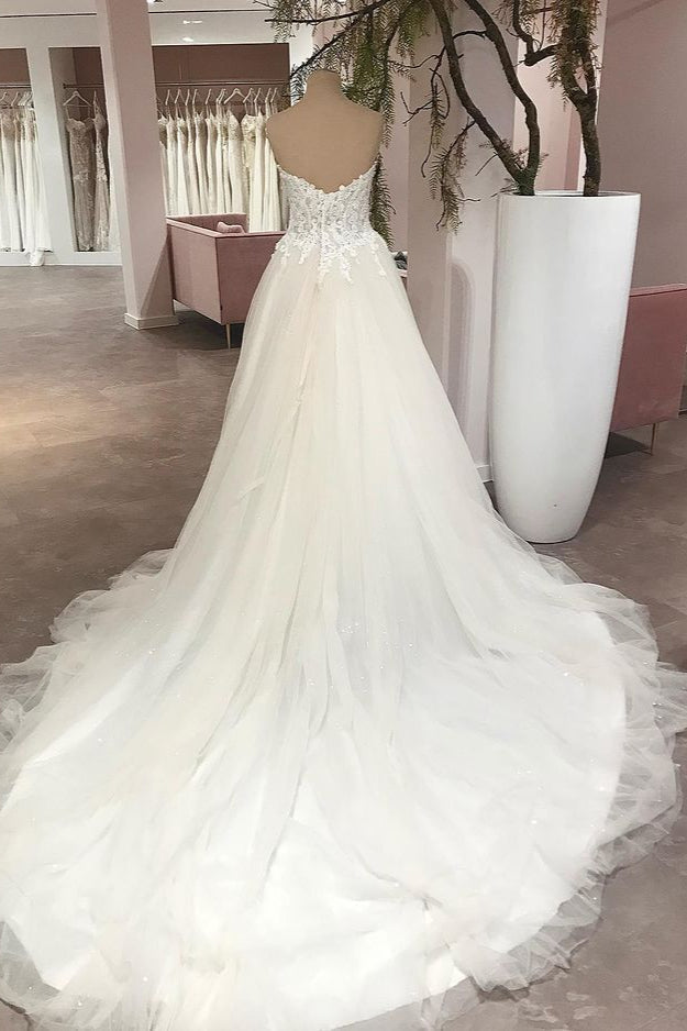 Wedding Dress Simple Elegant, Long A-Line Sweetheart Backless Tulle Appliques Lace Wedding Dress