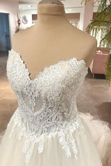 Wedding Dresses Simple Elegant, Long A-Line Sweetheart Backless Tulle Appliques Lace Wedding Dress