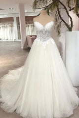 Wedding Dress Long Sleeved, Long A-Line Sweetheart Backless Tulle Appliques Lace Wedding Dress