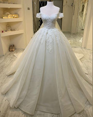 Wedding Dress V Neck, Long A-Line Sweetheart Off-the-Shoulder Appliques Lace Ruffles Wedding Dress
