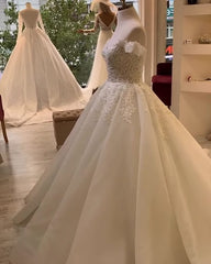 Wedding Dresses V Neck, Long A-Line Sweetheart Off-the-Shoulder Appliques Lace Ruffles Wedding Dress