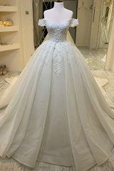 Wedding Dress Inspired, Long A-Line Sweetheart Off-the-Shoulder Appliques Lace Ruffles Wedding Dress