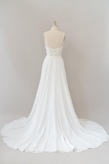 Wedding Dress Sleeve Lace, Long A-line Sweetheart Spaghetti Strap Appliques Chiffon Wedding Dress