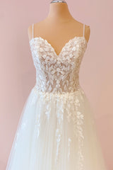 Weddings Dresses Bridesmaid, Long A-Line Sweetheart Tulle Appliques Lace Wedding Dress