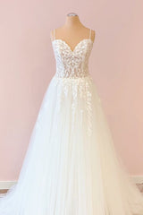 Wedding Dress Perfect For Summer, Long A-Line Sweetheart Tulle Appliques Lace Wedding Dress