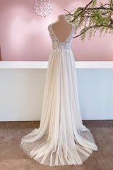 Wedding Dresses Tulle Lace, Long A-Line Sweetheart Tulle Backless Wedding Dress With Floral Lace