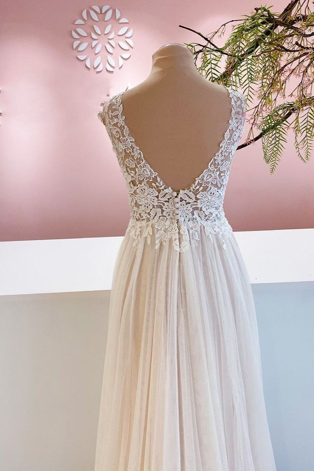 Wedding Dresses Sleeve Lace, Long A-Line Sweetheart Tulle Backless Wedding Dress With Floral Lace