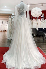 Wedding Dresses Classis, Long A-line Sweetheart Tulle Beadings Lace Appliques Wedding Dresses With Sleeves