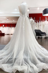 Wedding Dresses Lace Beach, Long A-line Sweetheart Tulle Open Back Wedding Dress