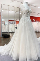 Wedding Dress Lace A Line, Long A-line Sweetheart Tulle Open Back Wedding Dress