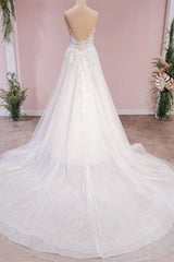 Wedsing Dresses Boho, Long A-Line Tulle Backless Appliques Lace Sweetheart Wedding Dress