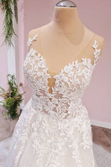 Wedding Dressed Boho, Long A-Line Tulle Backless Appliques Lace Sweetheart Wedding Dress