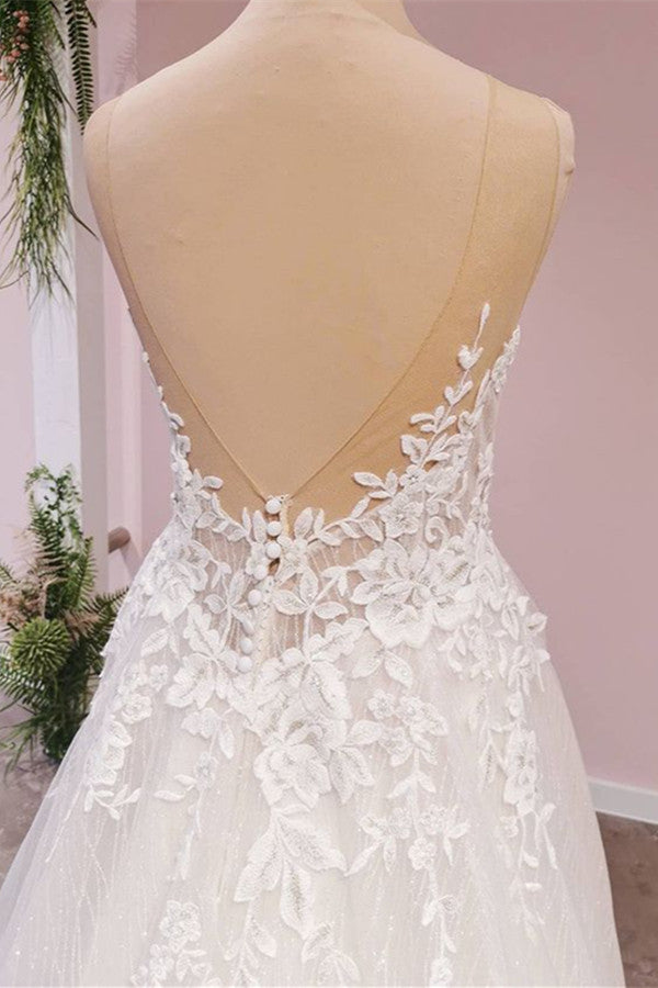 Wedding Dresse Boho, Long A-Line Tulle Backless Appliques Lace Sweetheart Wedding Dress