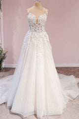 Wedding Dress Boutiques Near Me, Long A-Line Tulle Backless Appliques Lace Sweetheart Wedding Dress