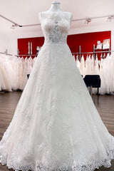 Wedding Dresses Vintage, Long A-line Tulle Jewel Lace Appliques Wedding Dresses