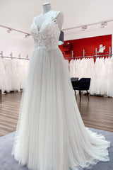 Wedding Dress Country, Long A-line Tulle V Neck Open Back Appliques Lace Wedding Dress