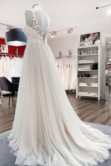 Wedding Dresses Country, Long A-line Tulle V Neck Open Back Appliques Lace Wedding Dress