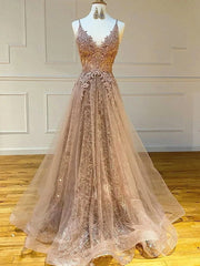 Evening Dress Elegant, Long A-line V-neck Lace Tulle Prom Formal Graduation Evening Dresses