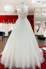 Wedding Dress With Sleev, Long A-line V-neck Spaghetti Straps Backless Wedding Dress with Lace