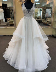 Wedding Dresses Chic, Long A-line V-neck Tulle Lace Wedding Dress