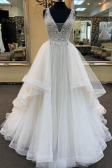 Wedding Dress Under, Long A-line V-neck Tulle Lace Wedding Dress