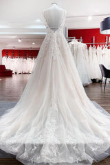 Wedding Dressed For The Beach, Long A-line V-neck Tulle Sleeveless Appliques Lace Backless Wedding Dress