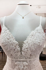 Wedding Dresses Shoulder, Long A-line V-neck Tulle Sleeveless Appliques Lace Backless Wedding Dress