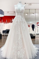 Wedding Dress For The Beach, Long A-line V-neck Tulle Sleeveless Appliques Lace Backless Wedding Dress