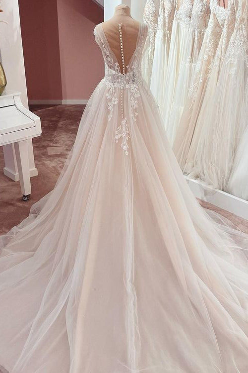 Wedding Dress Boutique, Long A-Line V-neck Wide Straps Appliques Lace Tulle Wedding Dress