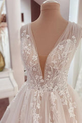 Wedding Dresses Nearby, Long A-Line V-neck Wide Straps Appliques Lace Tulle Wedding Dress