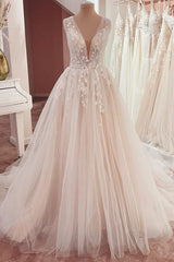 Wedding Dresses Boutique, Long A-Line V-neck Wide Straps Appliques Lace Tulle Wedding Dress