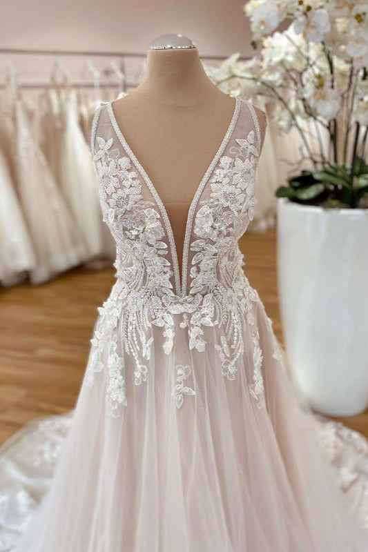 Wedding Dress Mermaide, Long A-Line Wide Straps Tulle  Floral Lace Wedding Dress