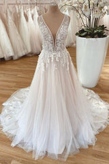 Wedding Dress Outlet Near Me, Long A-Line Wide Straps Tulle  Floral Lace Wedding Dress