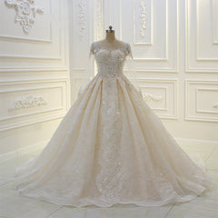 Wedding Dress Shops Near Me, Long Ball Gown Beading Bateau Appliques Lace Wedding Dress with Sleeves