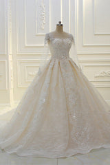 Wedding Dress Shopping Near Me, Long Ball Gown Beading Bateau Appliques Lace Wedding Dress with Sleeves