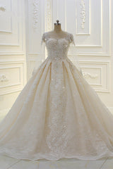 Wedding Dresses Pinterest, Long Ball Gown Beading Bateau Appliques Lace Wedding Dress with Sleeves